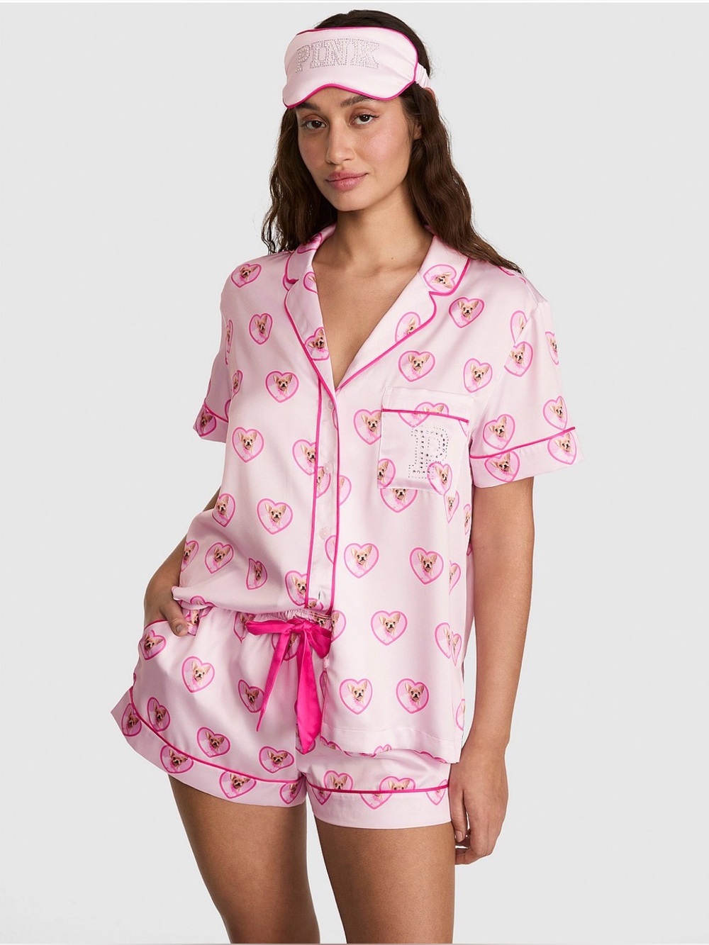 PINK Victoria's Secret x Elle Short Sleeve Satin Pajama Set with Sleep Mask NWT